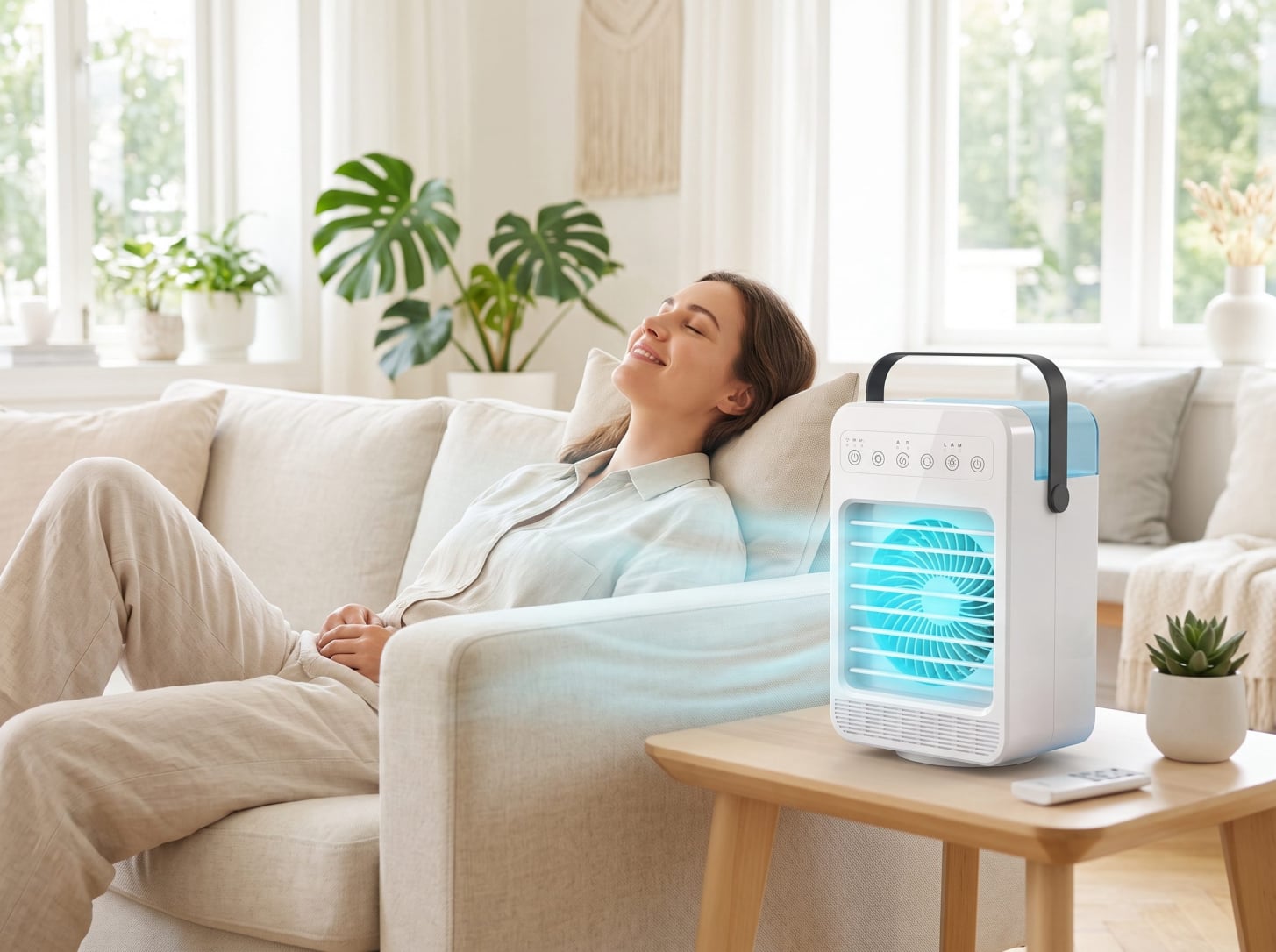 CoolJet AC in use at a desk — close-range personal cooling